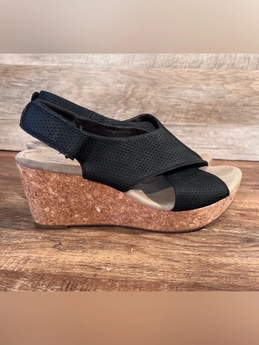 Black Cork Wedge‎ Sandals with Cross-Strap Design